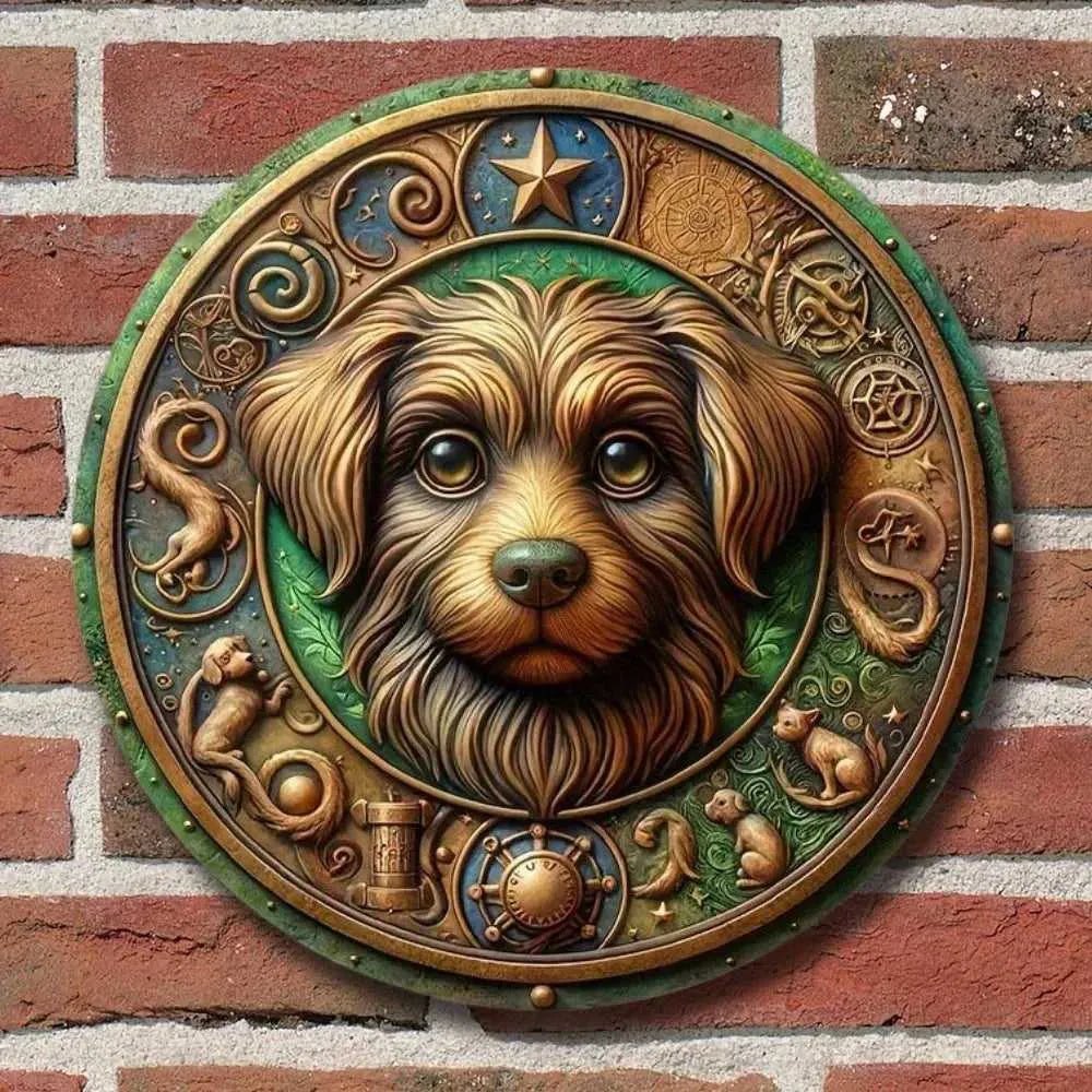 Cute Dog 3D Round Metal Aluminum Sign Art Wreath Decorative Plates Entrance Gift Mask Theme For Bar Club Home Room Wall Decor