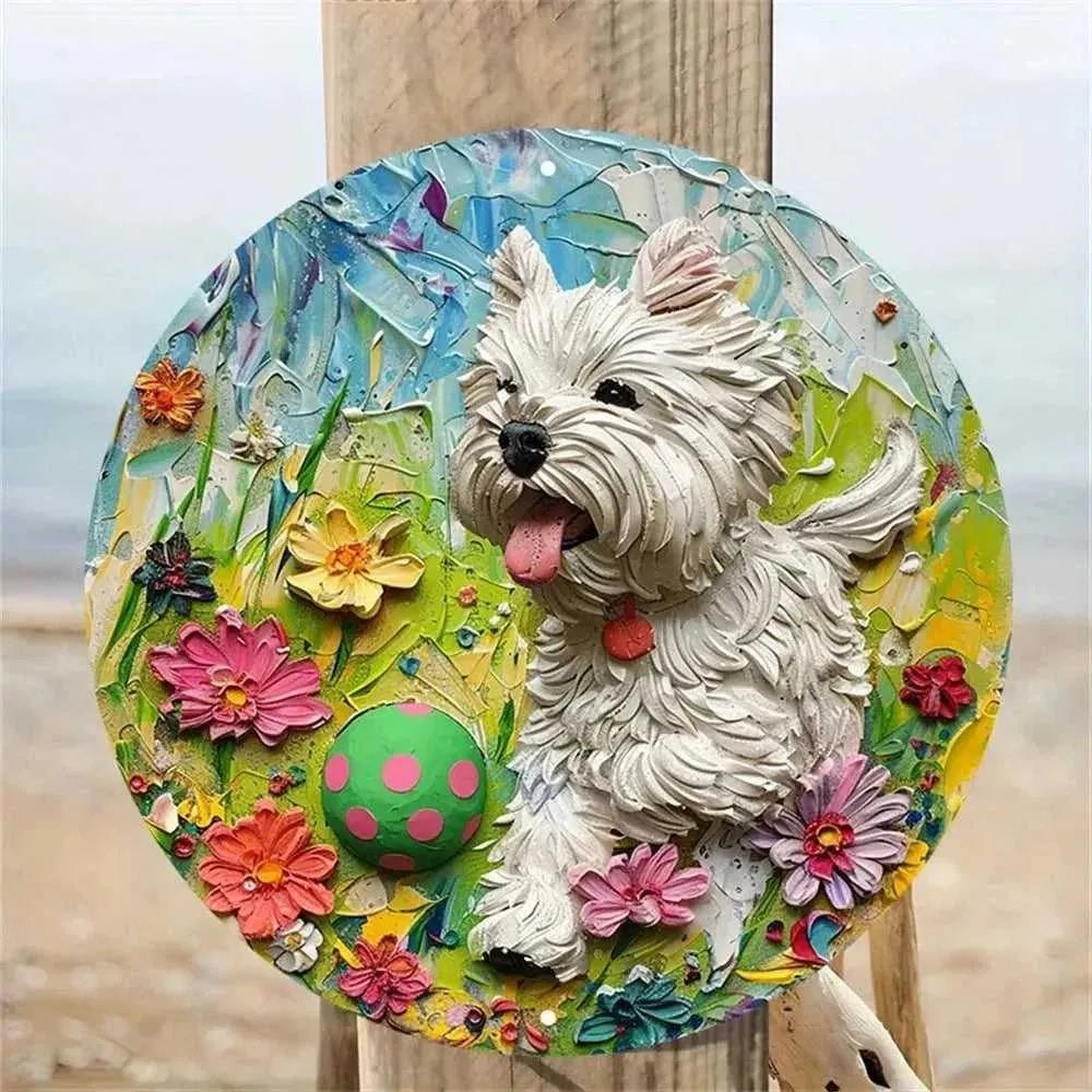 Round Metal Aluminum Sign Art Cute Dog Wreath Decorative Plates Entrance Decor Gift Mask Theme For Bar Club Home Room Wall Decor