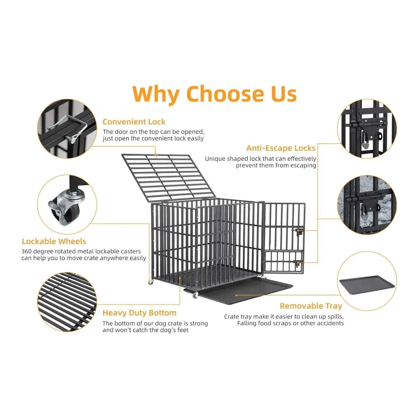 Mobile Heavy Duty Dog Crate Cage Metal Pet Kennel Playpen with 3 Doors Locks Design & Bottom Tray