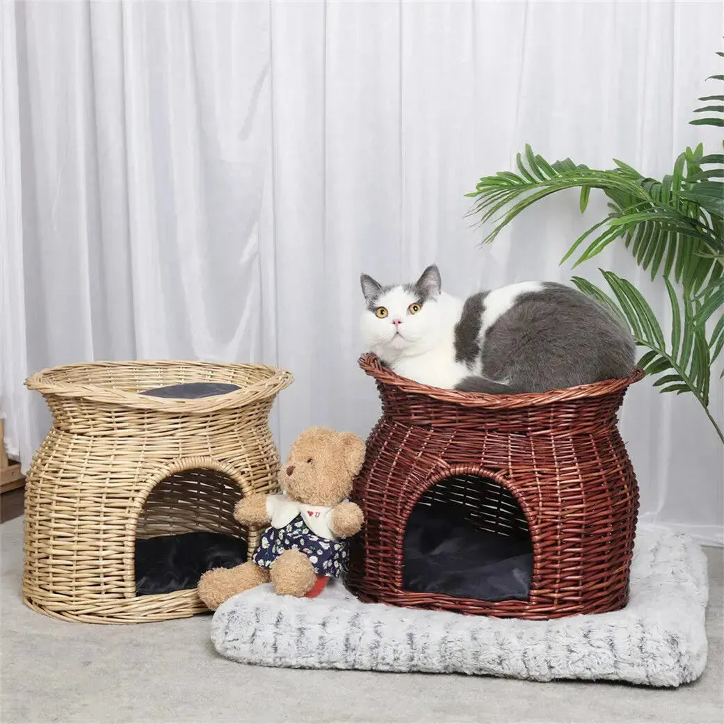 Cat Bed Hand Woven Wicker Bunk Basket 2 Tier Kitten Sleeping Cave Bed Brown and Beige Color with Soft Cushion