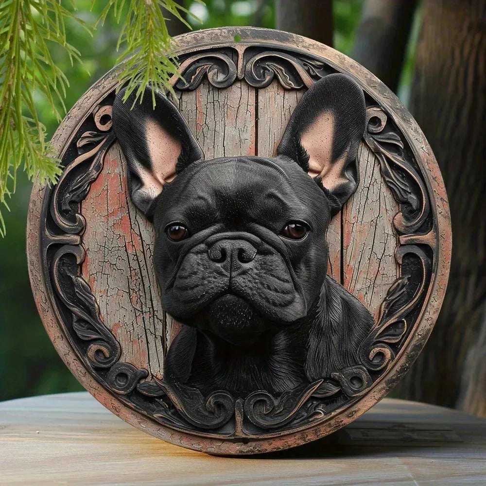 Round Metal Aluminum Sign Faux Embossing Wreath Sign Living Room Decoration Mother's Day Gifts French Bulldog Themed Decoration