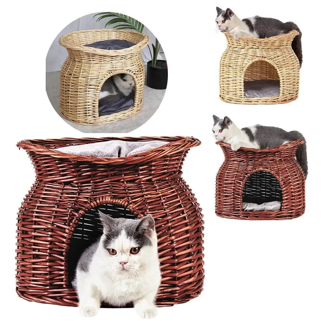 Cat Bed Hand Woven Wicker Bunk Basket 2 Tier Kitten Sleeping Cave Bed Brown and Beige Color with Soft Cushion