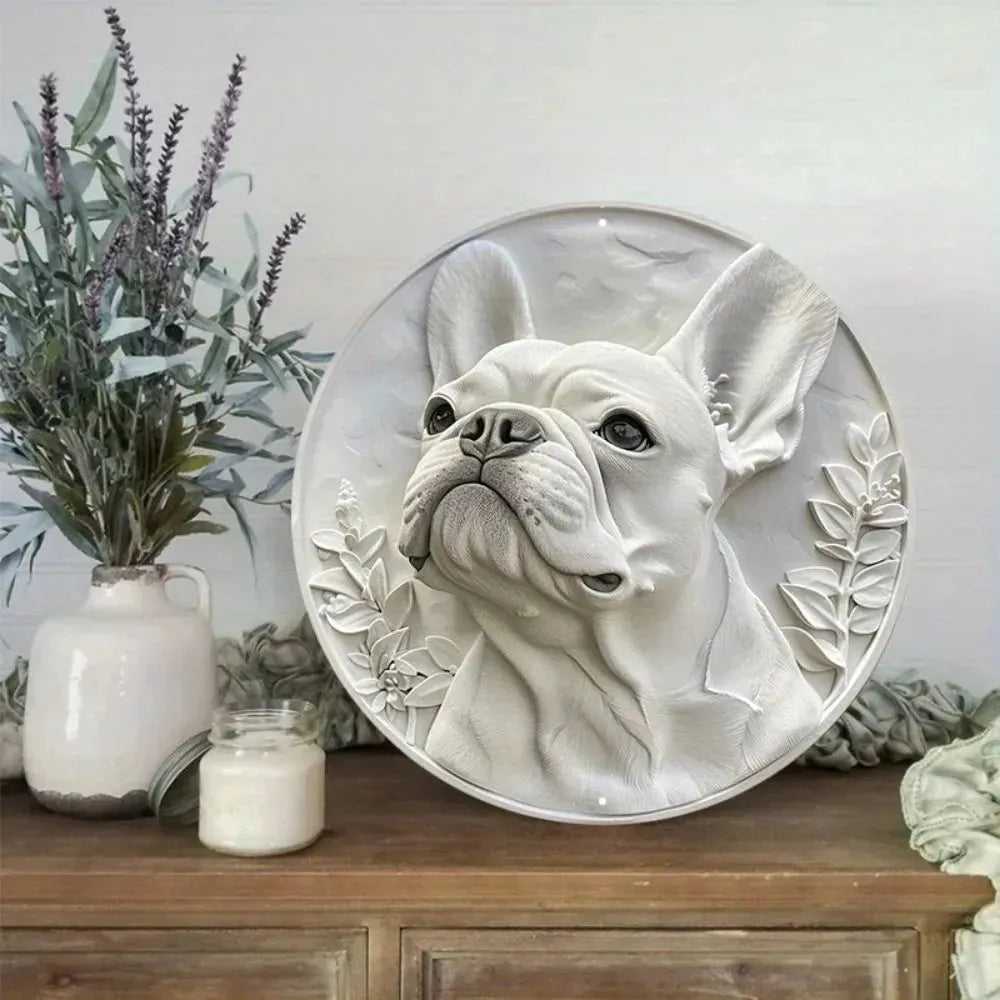 Round Metal Aluminum Sign Art Cute Dog Wreath Decorative Plates Entrance Decor Gift Mask Theme For Bar Club Home Room Wall Decor