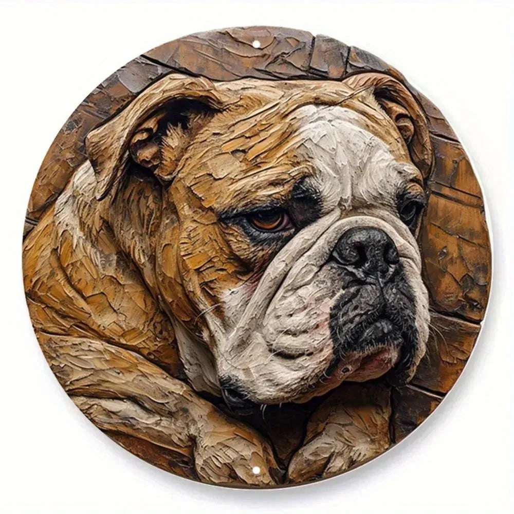 Round Metal Aluminum Sign Faux Embossing Wreath Sign Living Room Decoration Mother's Day Gifts French Bulldog Themed Decoration