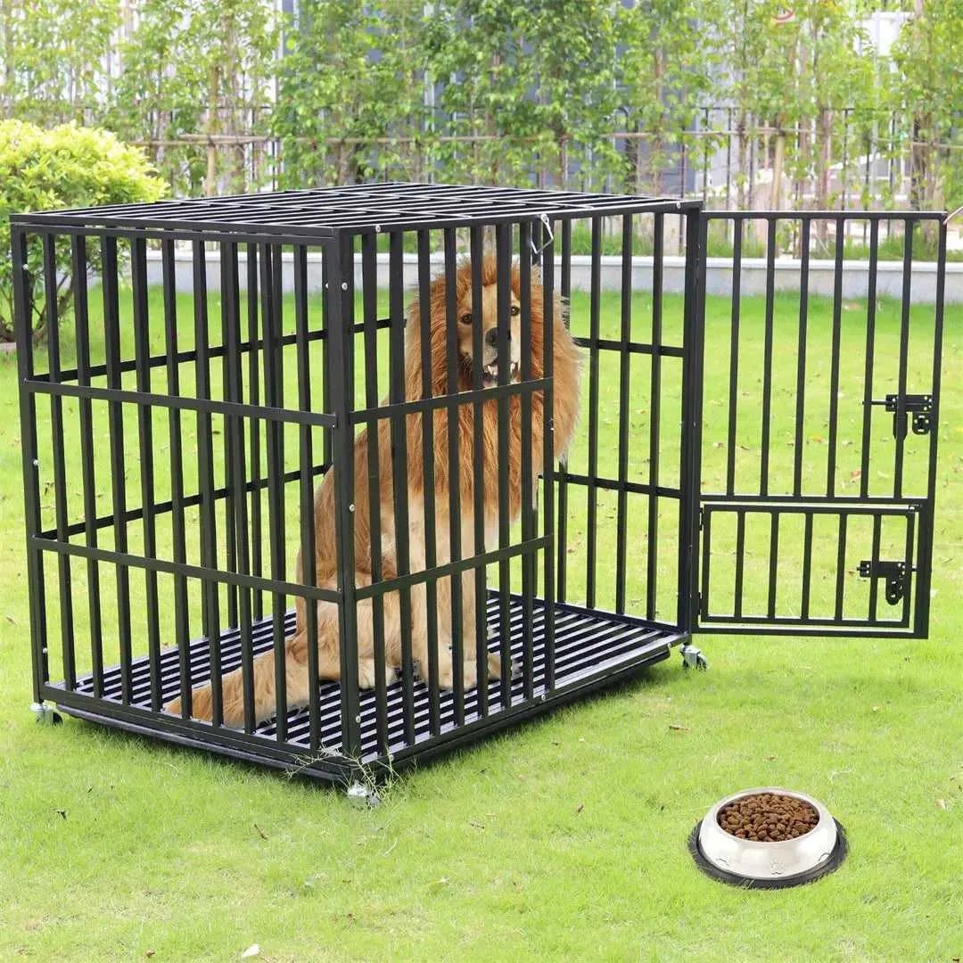 Mobile Heavy Duty Dog Crate Cage Metal Pet Kennel Playpen with 3 Doors Locks Design & Bottom Tray