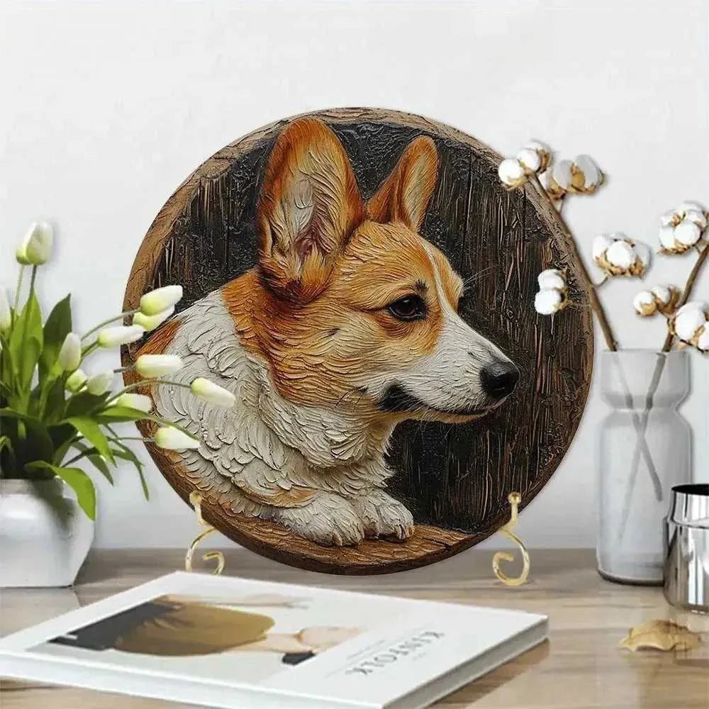 Round Metal Aluminum Sign Art Cute Dog Wreath Decorative Plates Entrance Decor Gift Mask Theme For Bar Club Home Room Wall Decor