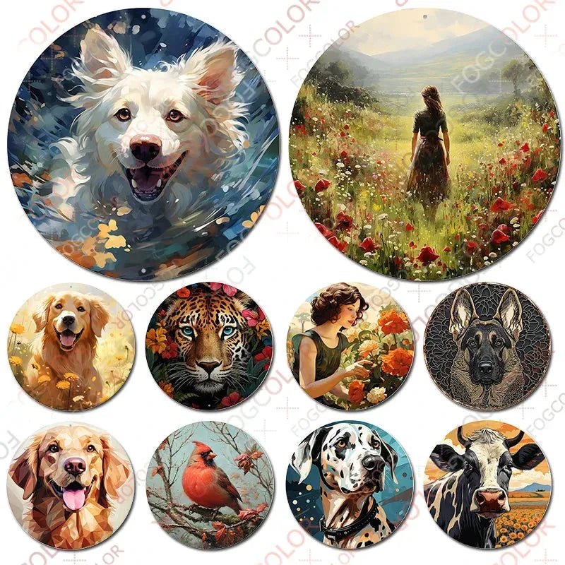 1pc 8x8inch 20x20cm Round Aluminum Sign Schnauzer Metal Dog,Wreath Signs For Home Bedroom Living Room Wall Decor