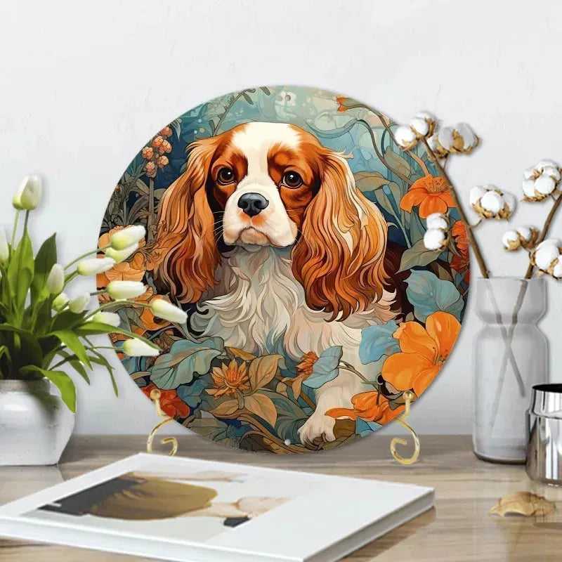 Round Metal Aluminum Sign Art Cute Dog Wreath Decorative Plates Entrance Decor Gift Mask Theme For Bar Club Home Room Wall Decor