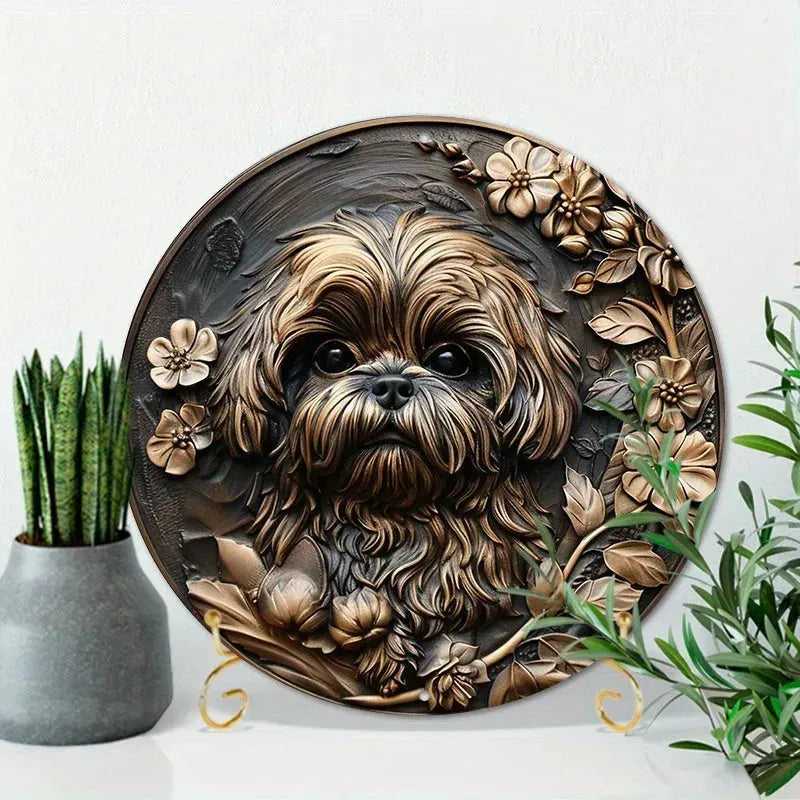 Round Metal Aluminum Sign Art Cute Dog Wreath Decorative Plates Entrance Decor Gift Mask Theme For Bar Club Home Room Wall Decor