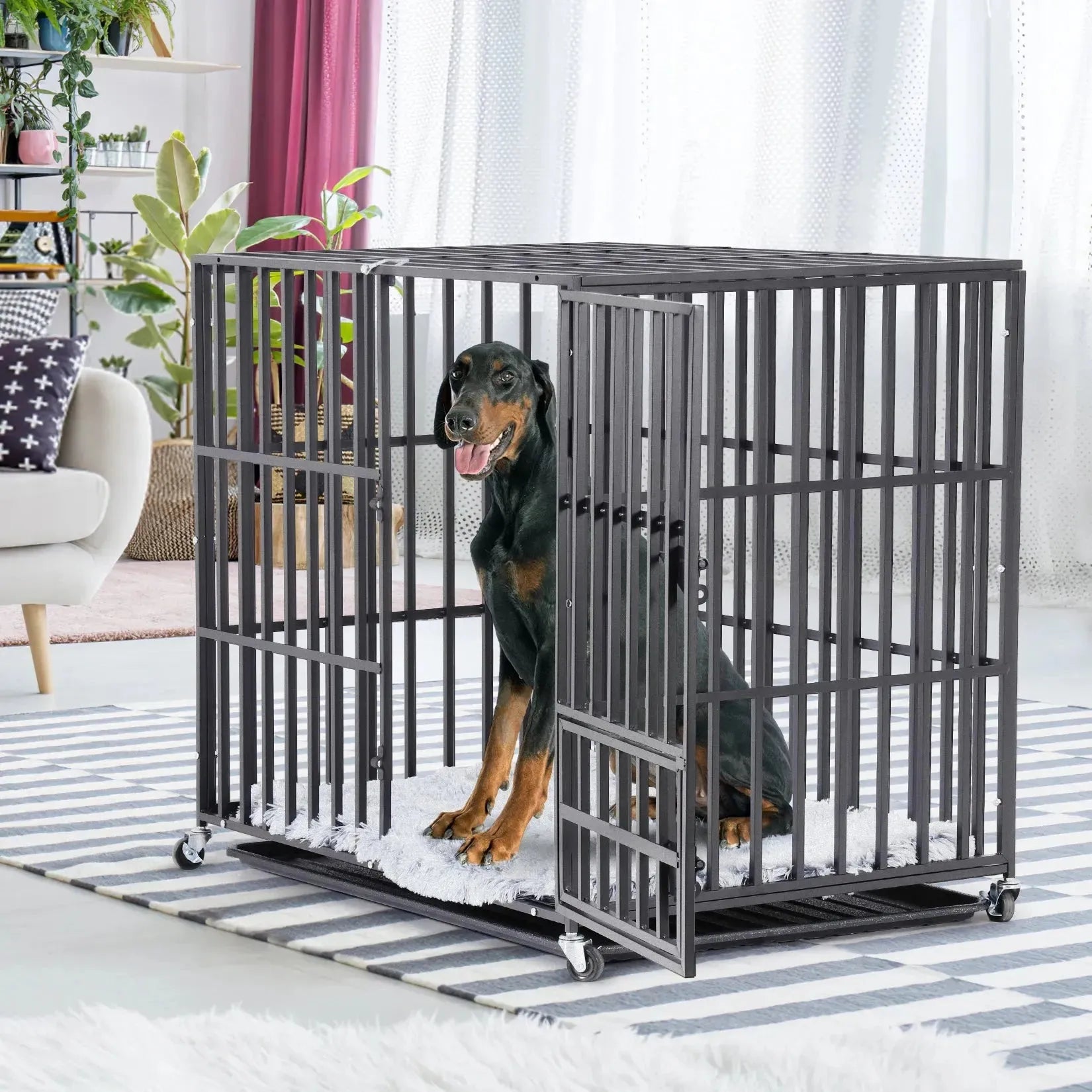 Mobile Heavy Duty Dog Crate Cage Metal Pet Kennel Playpen with 3 Doors Locks Design & Bottom Tray