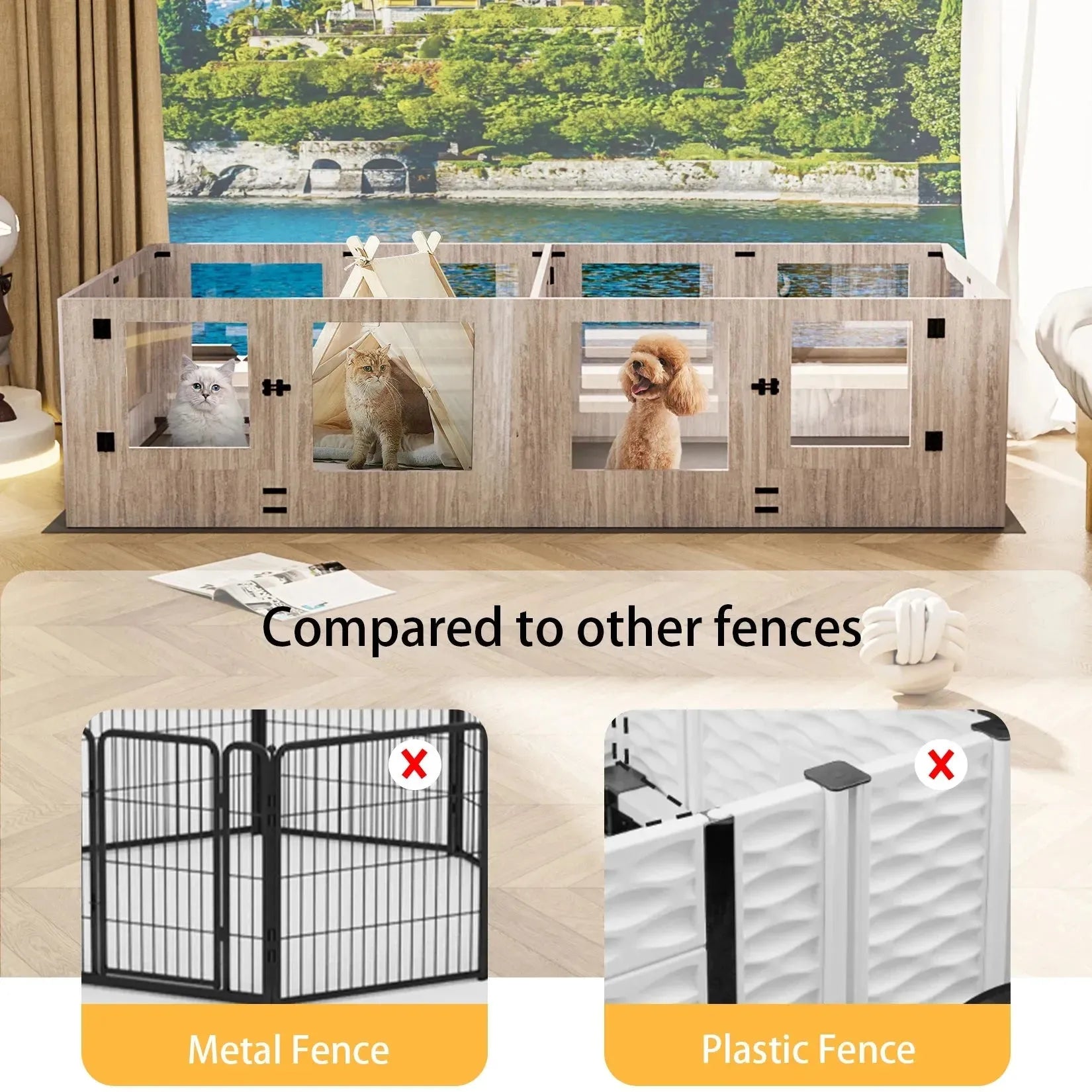 Dog Playpen 8/14 Panels Clear Tempered Glass Pet Exercise Fence House Dog Whelping Pen Box for Indoor with Waterproof Pad