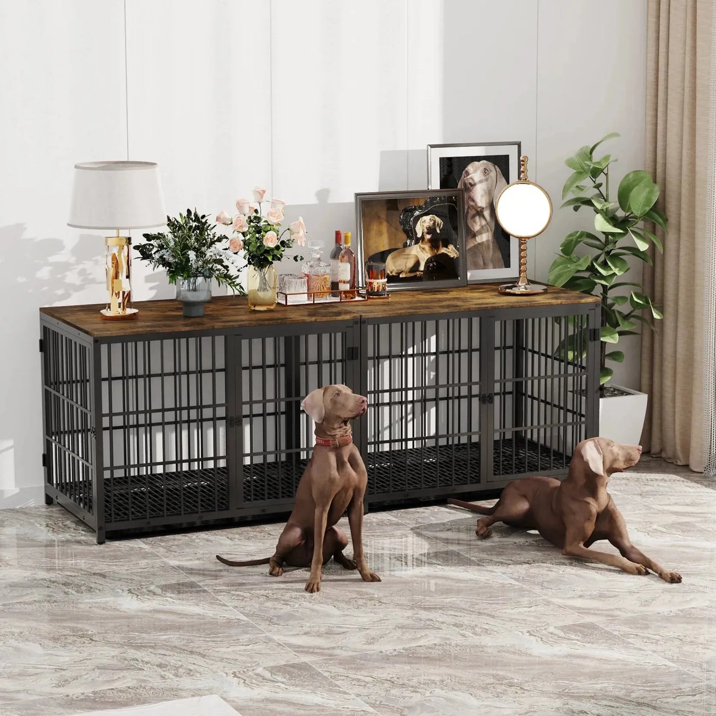 Dog Crate Furniture Pet Kennel End Table Metal Dog Kennel with Three Doors with Locks and Removable Tray, White/Black