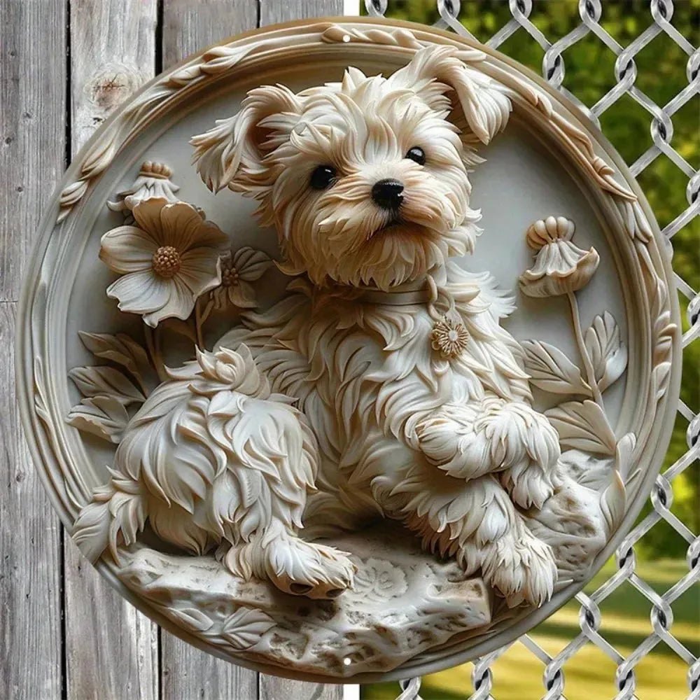 Cute Dog Gift Mask Theme Round Metal Aluminum Sign Art Desktop Decorative Plates For Bar Cafe Club Yard Home Office Wall Decor