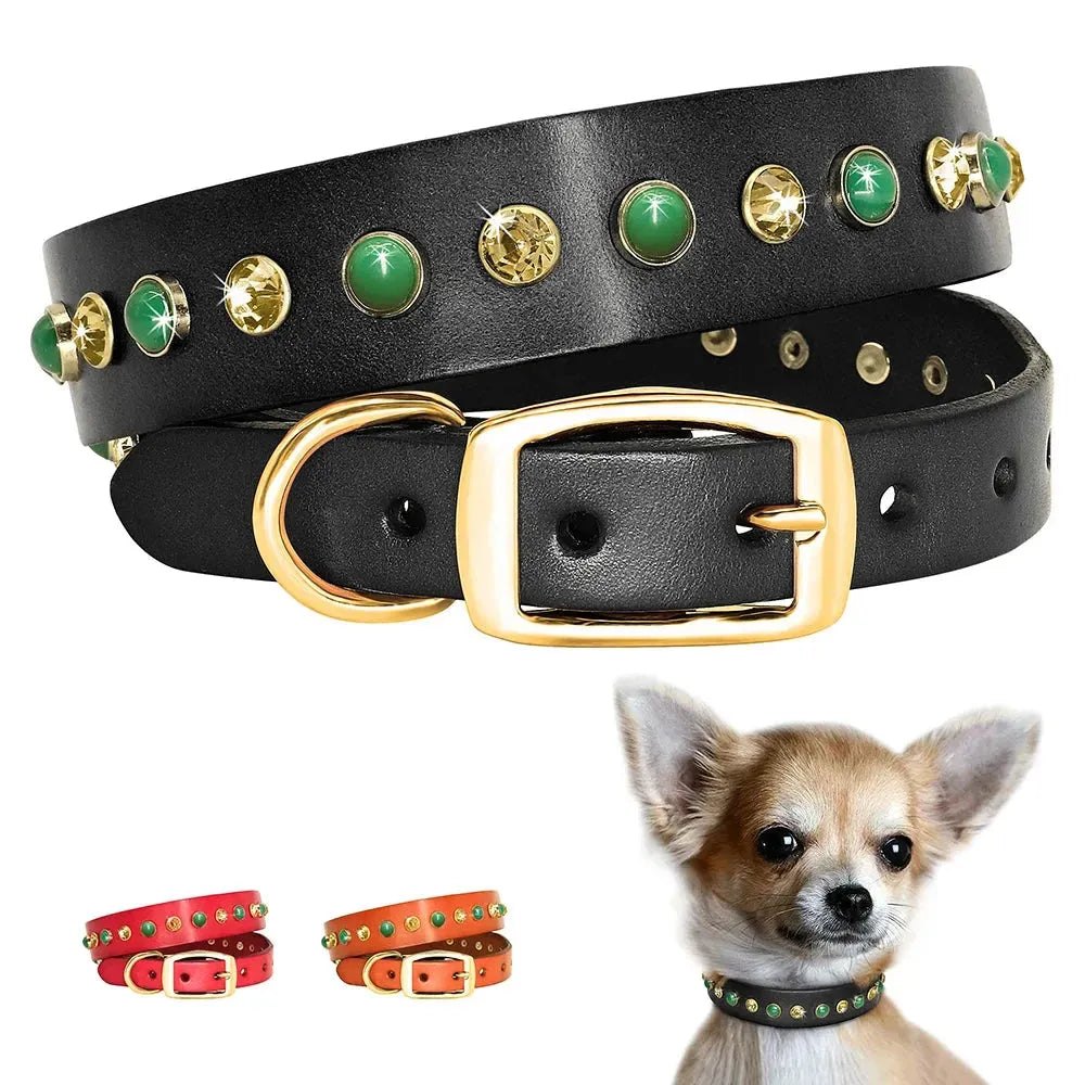 Leather Pet Dog Collar Bling Rhinestone Puppy Cat Collars Cute Diamond Chihuahua Necklace Adjustable for Small Medium Dogs Cats