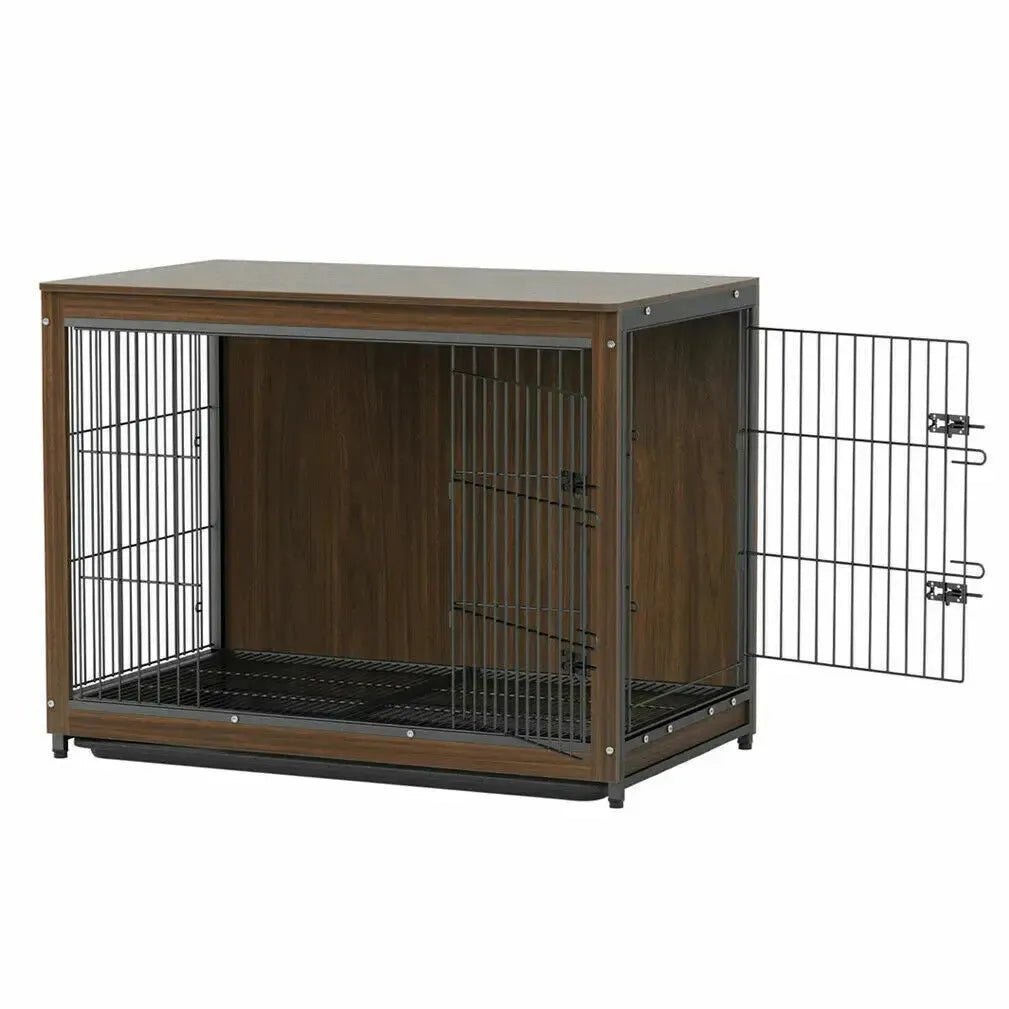 25 32 39 in Dog Crate End Table Furniture Wooden and Metal Pet Cage Kennels House Double Doors & Removable Tray