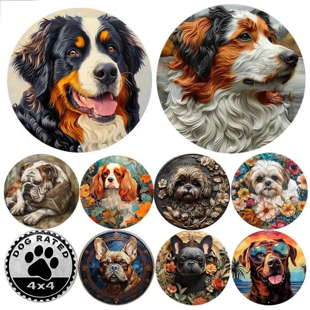 Round Metal Aluminum Sign Art Cute Dog Wreath Decorative Plates Entrance Decor Gift Mask Theme For Bar Club Home Room Wall Decor