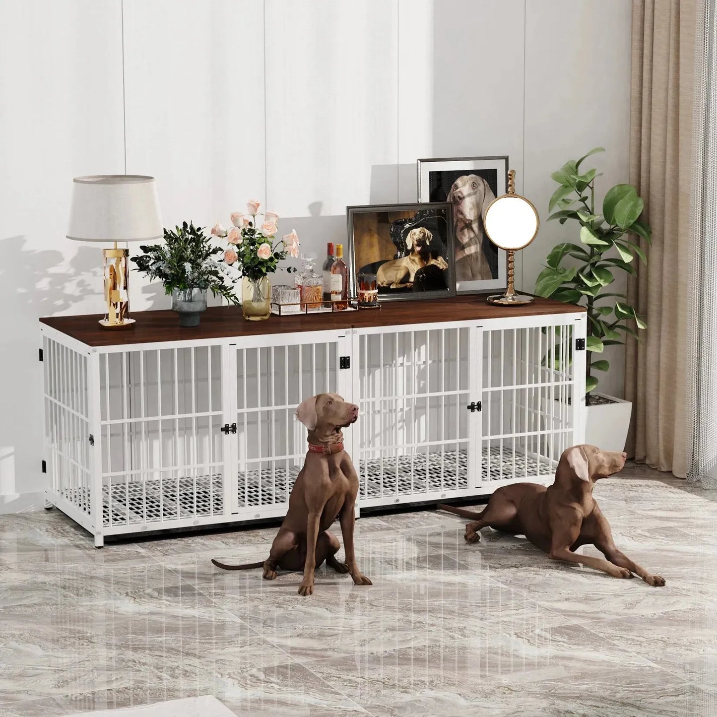 Dog Crate Furniture Pet Kennel End Table Metal Dog Kennel with Three Doors with Locks and Removable Tray, White/Black