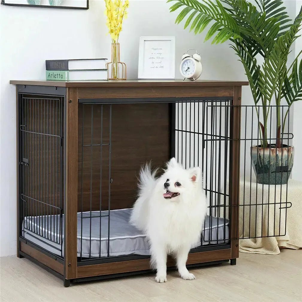 25 32 39 in Dog Crate End Table Furniture Wooden and Metal Pet Cage Kennels House Double Doors & Removable Tray