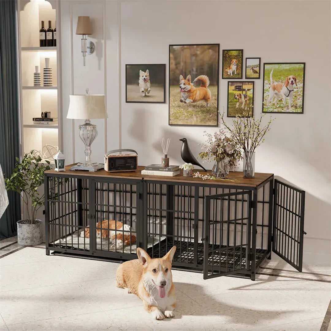 Dog Crate Furniture White Pet Kennel Black Cage End Table with Three Doors and Removable Tray, for Small Medium Large Dogs