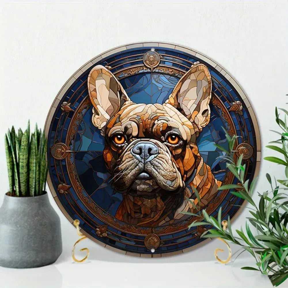 Round Metal Aluminum Sign Art Cute Dog Wreath Decorative Plates Entrance Decor Gift Mask Theme For Bar Club Home Room Wall Decor