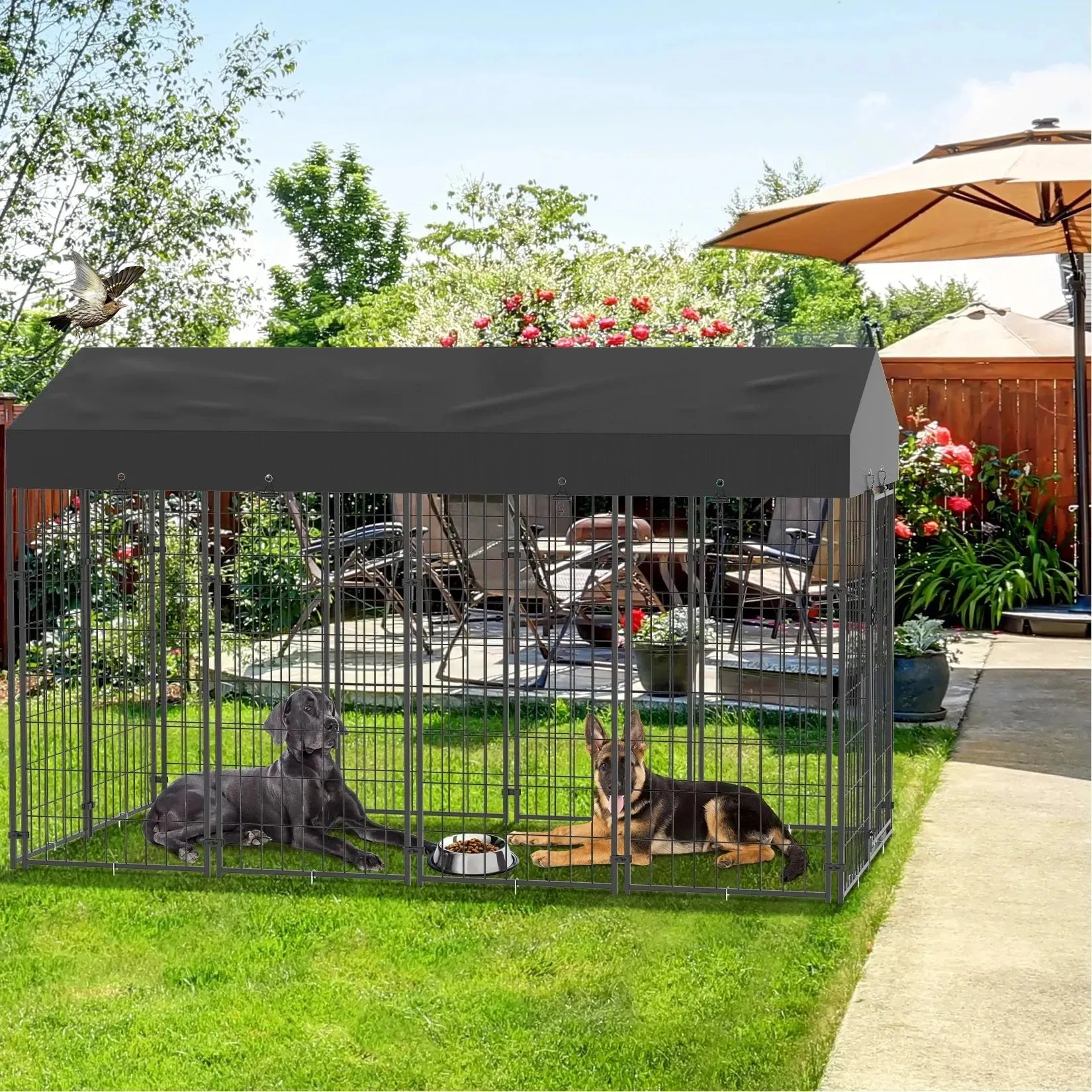 Large Dog Kennel Outdoor Dogs Welded Wire Kennels and Runs Crates for Yard with Stakes Water Proof Cover Canopy