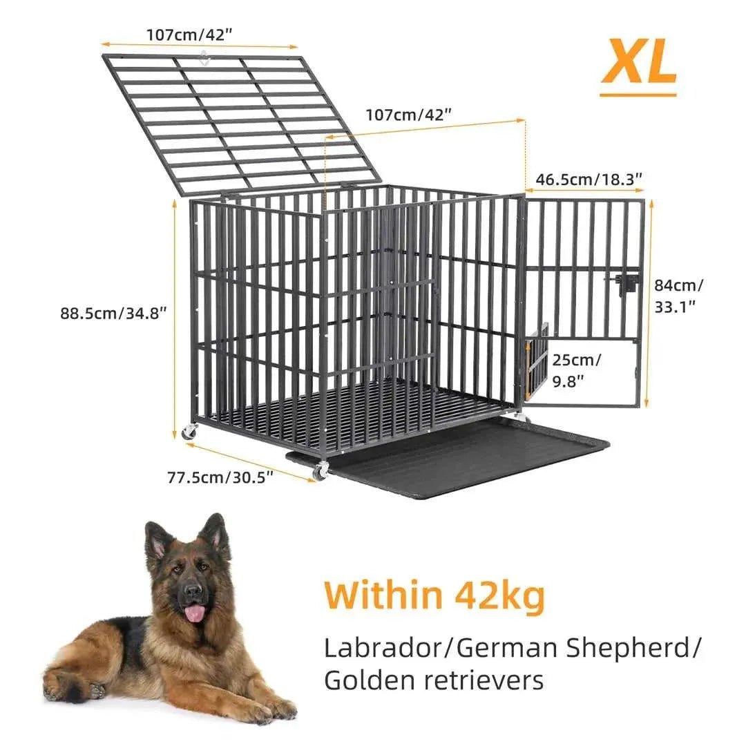 Mobile Heavy Duty Dog Crate Cage Metal Pet Kennel Playpen with 3 Doors Locks Design & Bottom Tray