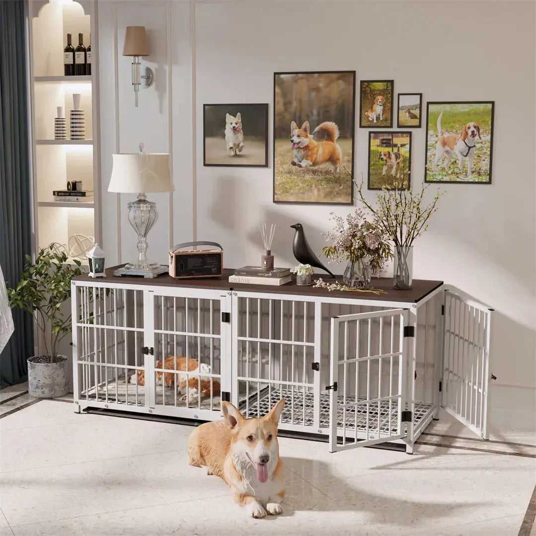 Dog Crate Furniture White Pet Kennel Black Cage End Table with Three Doors and Removable Tray, for Small Medium Large Dogs