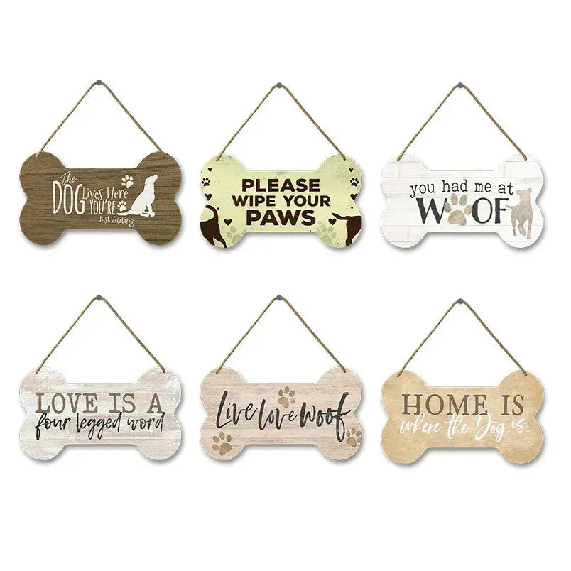 Wooden Plate Dog Sign Bone Shape Hanging Wood Board Painting Home Shop Door Decor Outside Warning Text Board Wall Plaques Gift