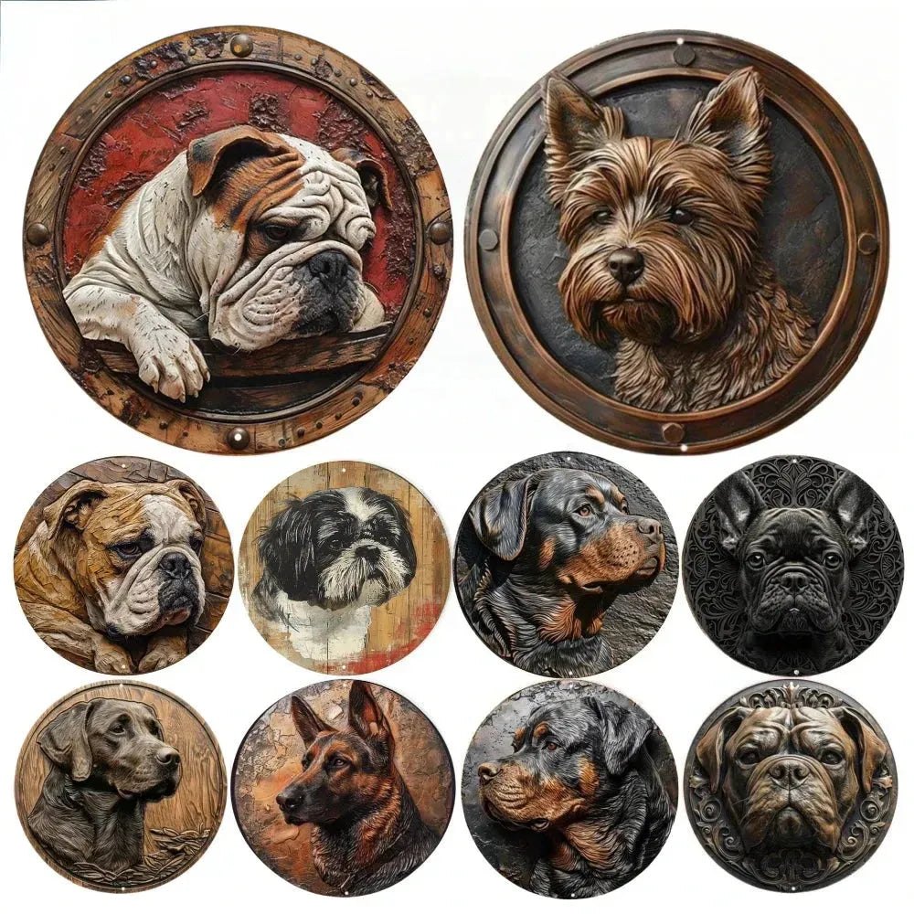 Round Metal Aluminum Sign Faux Embossing Wreath Sign Living Room Decoration Mother's Day Gifts French Bulldog Themed Decoration