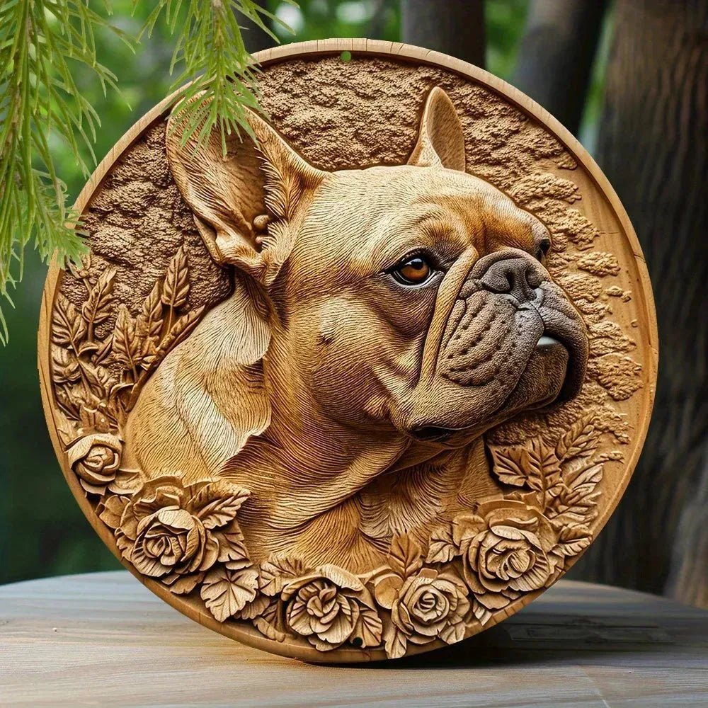 Round Metal Aluminum Sign Faux Embossing Wreath Sign Living Room Decoration Mother's Day Gifts French Bulldog Themed Decoration