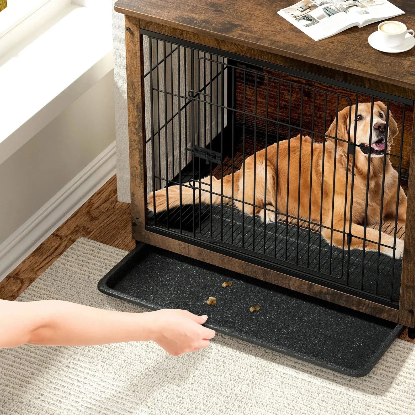 Spacious Dog Cage Furniture End Table Pet Kennel Crate Indoor Wooden Furniture Brown Medium and Large Animal Cage