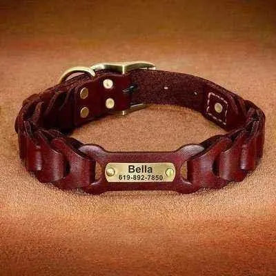 Regal Leather Elegance: Personalized Leather Dog Collar with ID Tag